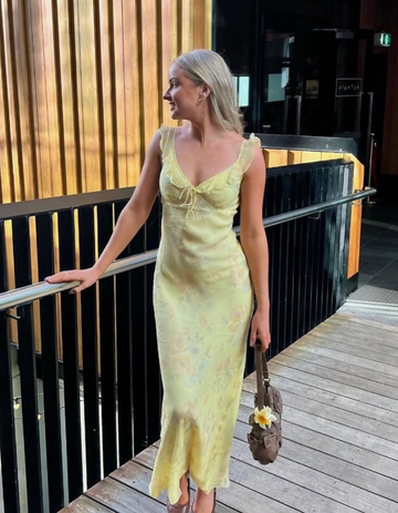 Light Yellow Sheath Straps Ruffle Print Floral Chiffon Evening Dress Outfits HZ1023